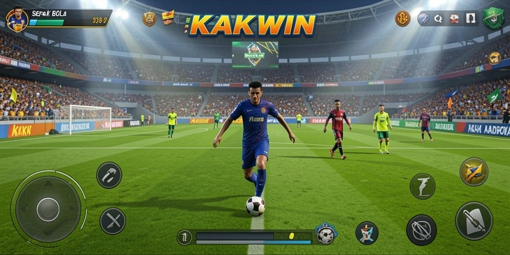 Tangkapan layar KAKWIN menampilkan aksi gameplay sepak bola yang mendebarkan.