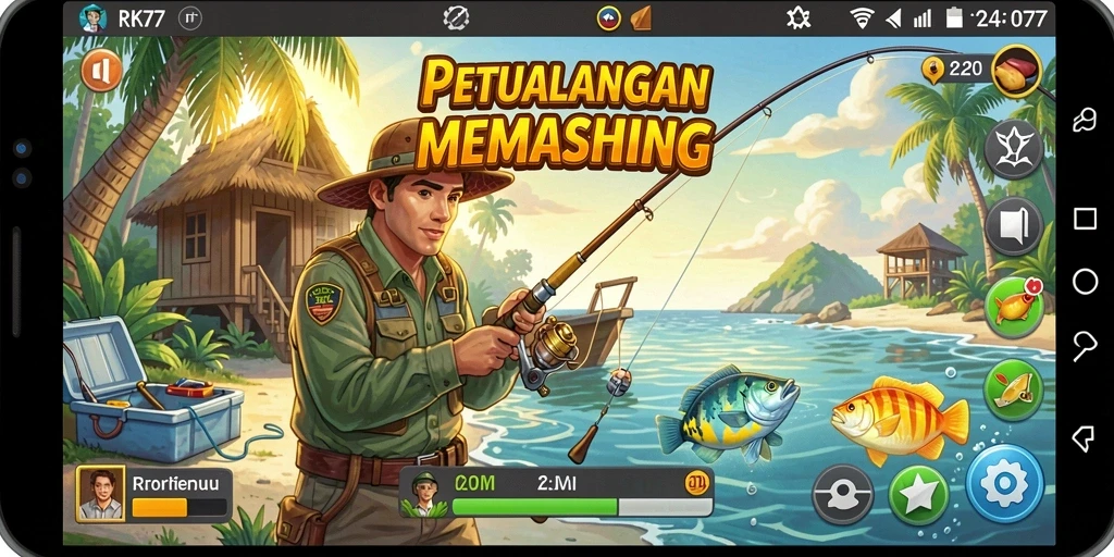 Gameplay RK77 yang mendebarkan saat menangkap ikan di tepi laut.